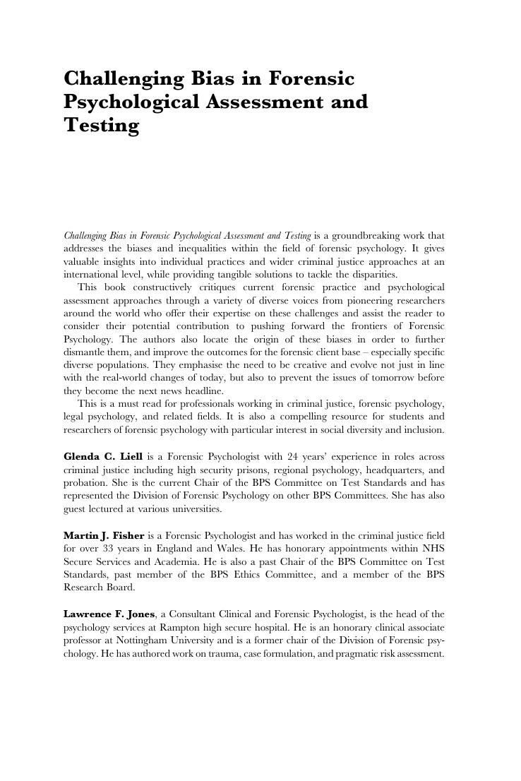 Preview page 2 of Challenging Bias in Forensic Psychological Assessment and Testing Theoretical and Practical Approaches to Working with D
