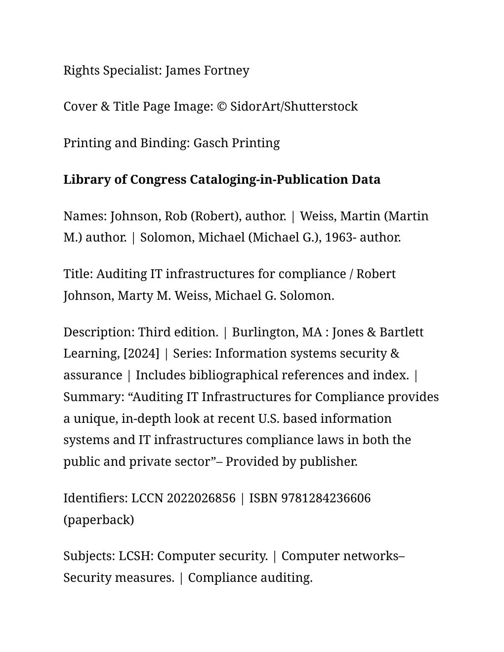 Preview page 7 of Auditing IT Infrastructures For Compliance 3rd Edition By Robert Johnson, Marty Weiss, Michael Solomon ISBN: 97812842609