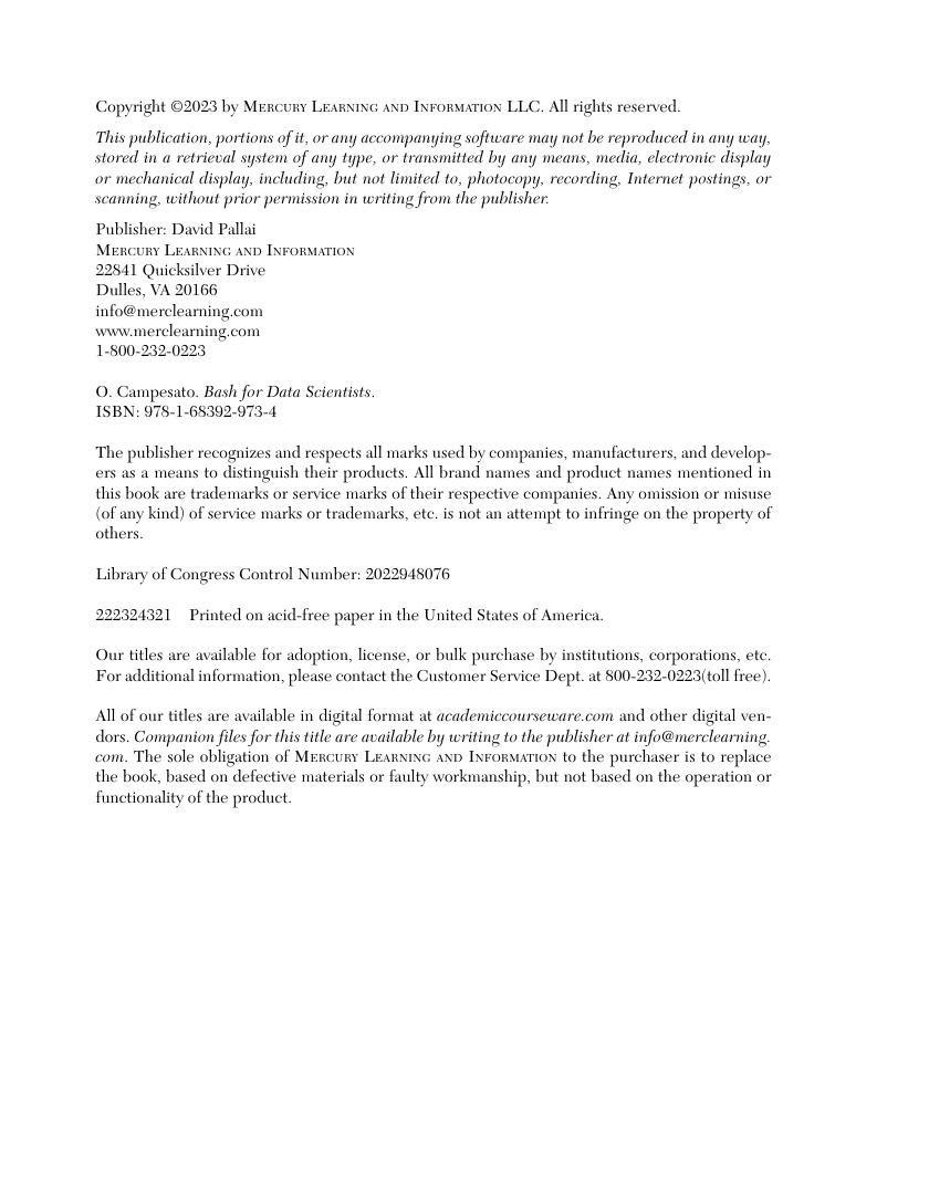 Preview page 5 of Bash for Data Scientists 1st Edition By Oswald Campesato ISBN: 9781683929734