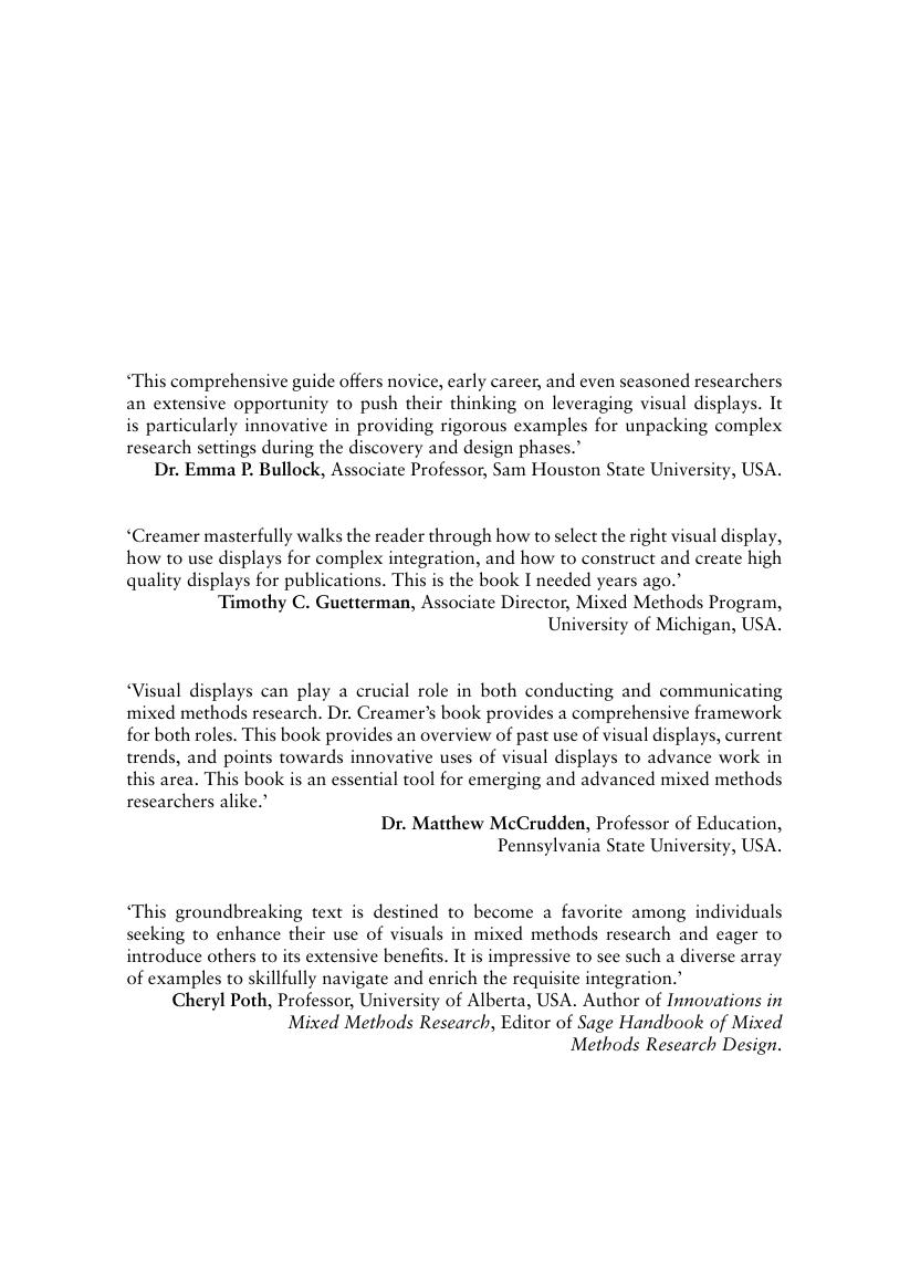 Preview page 2 of eBook Visual Displays in Qualitative and Mixed Method Research A Comprehensive Guide  1st Edition By Elizabeth G. Creame