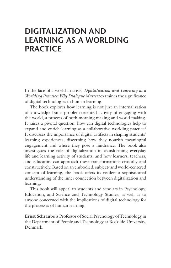 Preview page 2 of Digitalization and Learning As a Worlding Practice Why Dialogue Matters 1st Edition By Ernst Schraube