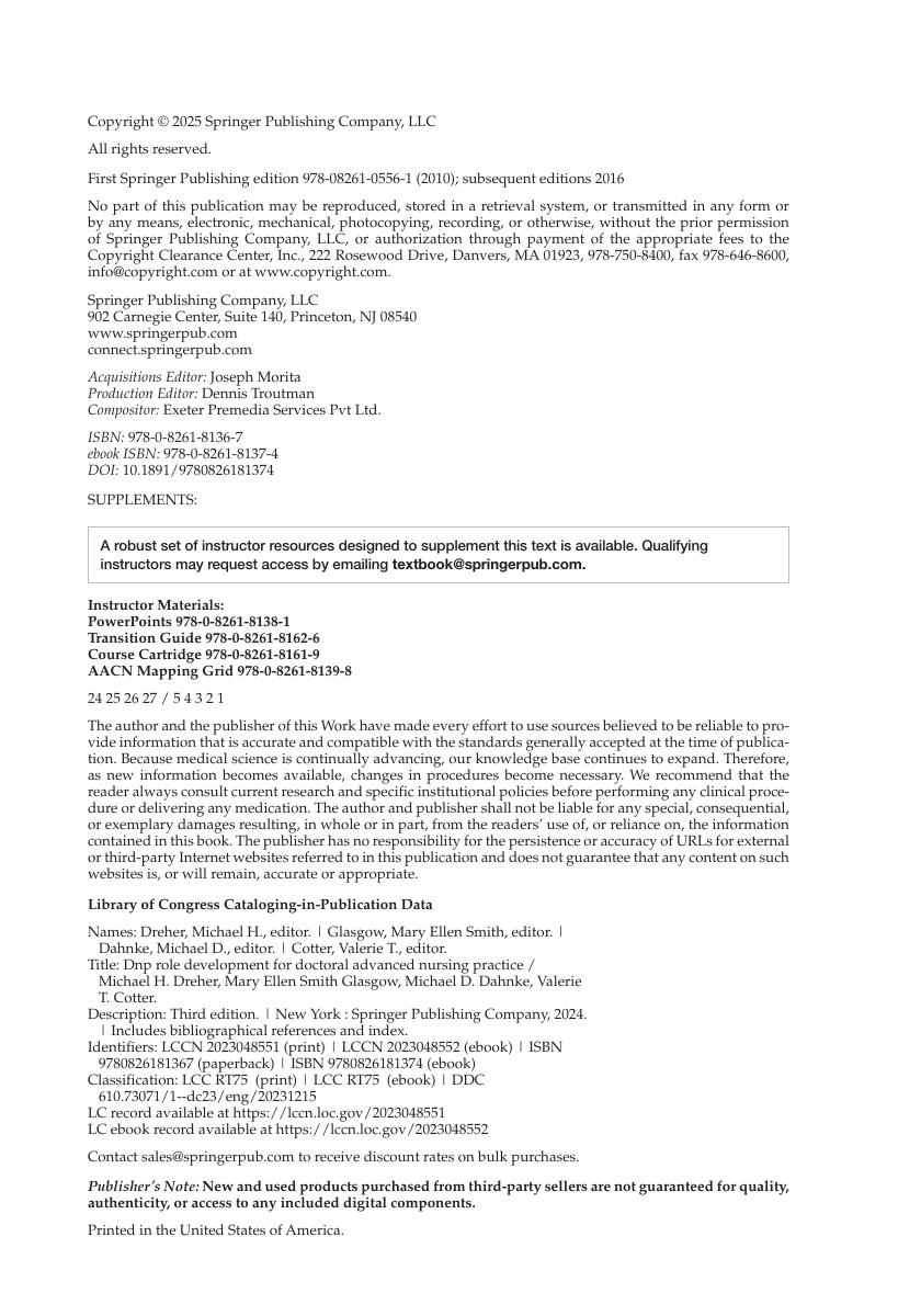 Preview page 7 of DNP Role Development for Doctoral Advanced Nursing Practice 3rd Edition By Michael Dreher, Mary Ellen Smith Glasgow, Mic