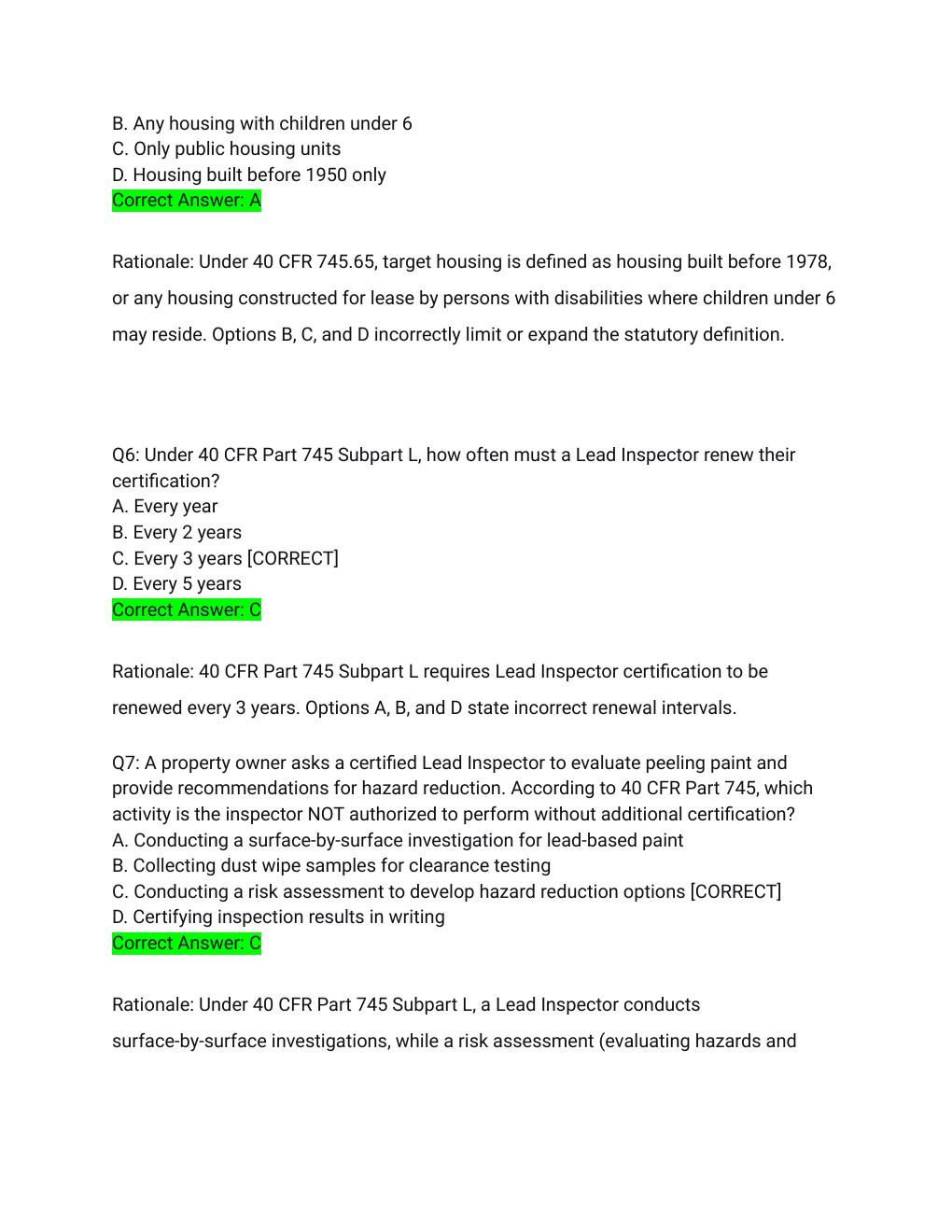 Preview page 3 of EPA Model Lead Inspector Exam Prep 2026/2027 – Complete Study Guide with Detailed Rationales | 100% Verified | Pass Guar
