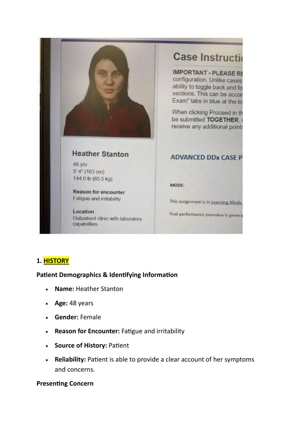 Preview page 2 of I-human Comprehensive Case  Study, 48-year-old Heather  Stanton. Reason for encounter:  Fatigue and Irritability.   With