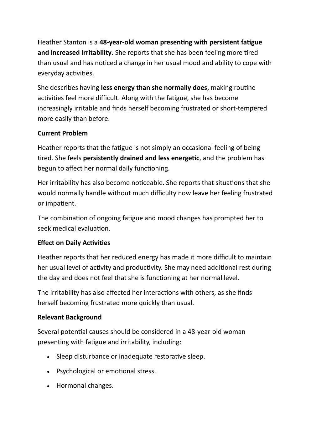Preview page 3 of I-human Comprehensive Case  Study, 48-year-old Heather  Stanton. Reason for encounter:  Fatigue and Irritability.   With