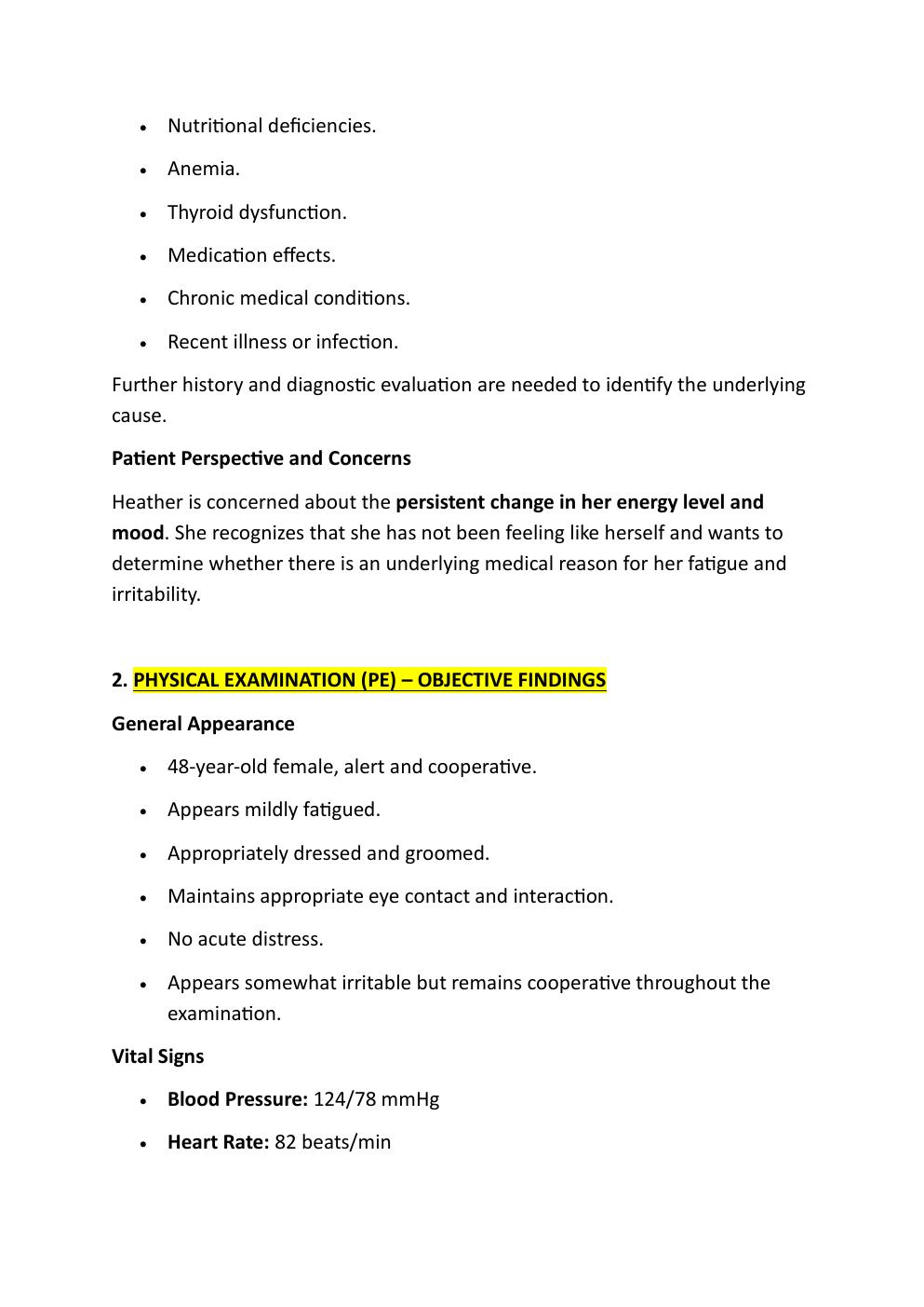 Preview page 4 of I-human Comprehensive Case  Study, 48-year-old Heather  Stanton. Reason for encounter:  Fatigue and Irritability.   With
