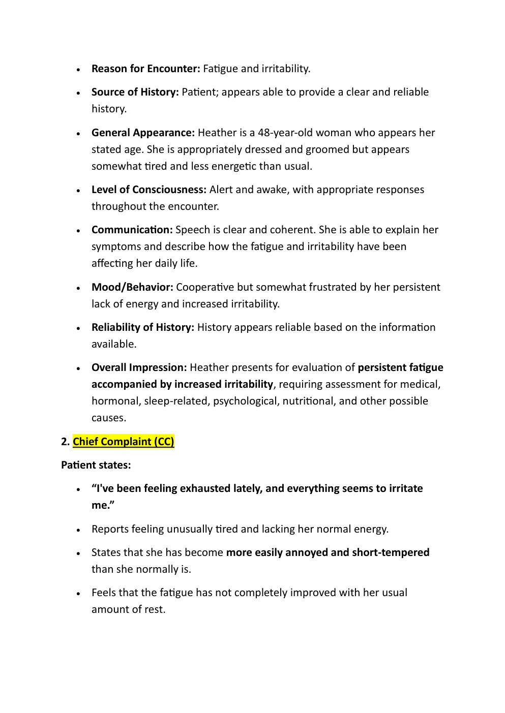 Preview page 3 of Ihuman Comprehensive Case  Study, Heather Stanton. Reason  for encounter: Fatigue and  Irritability.   Exam Study Guide.