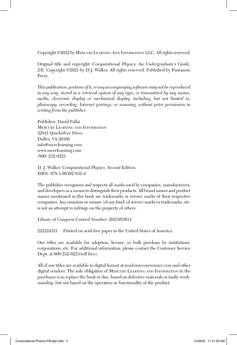 Preview page 5 of Computational Physics 2nd Edition By Darren J. Walker ISBN: 9781683928300