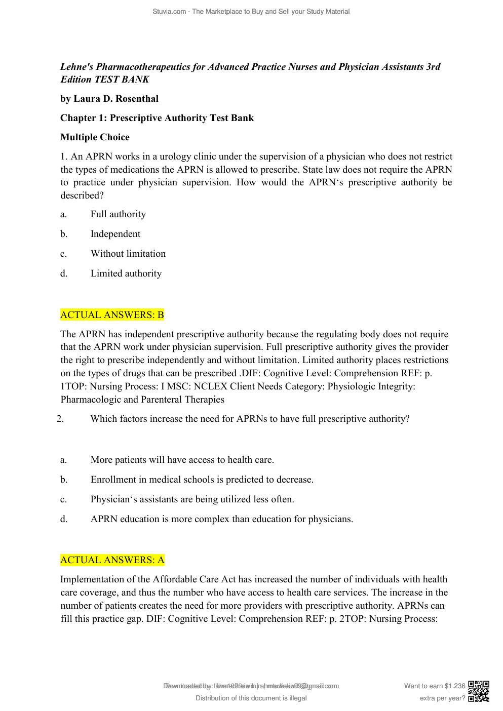 Preview page 4 of Test Bank Lehne's Pharmacotherapeutics for Advanced Practice Nurses 3rd Edition
