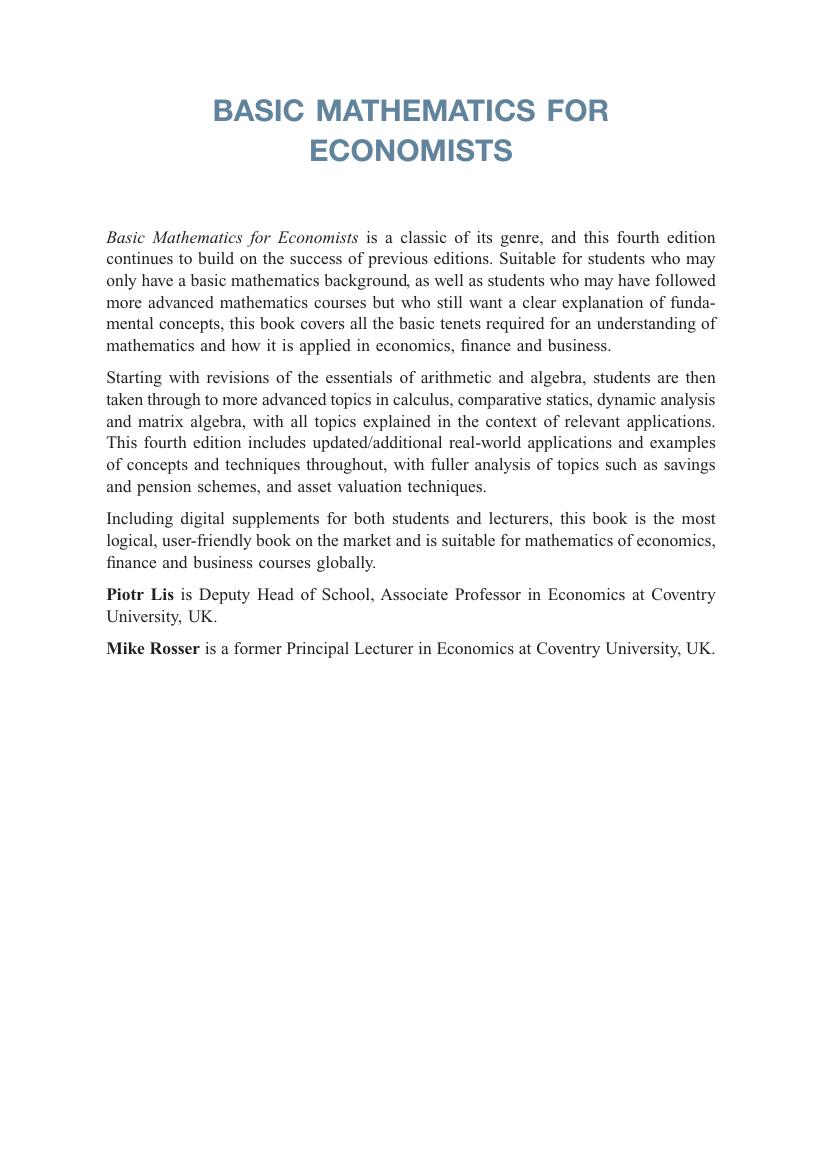 Preview page 2 of Basic Mathematics for Economists 4th Edition By Piotr Lis, Mike Rosser