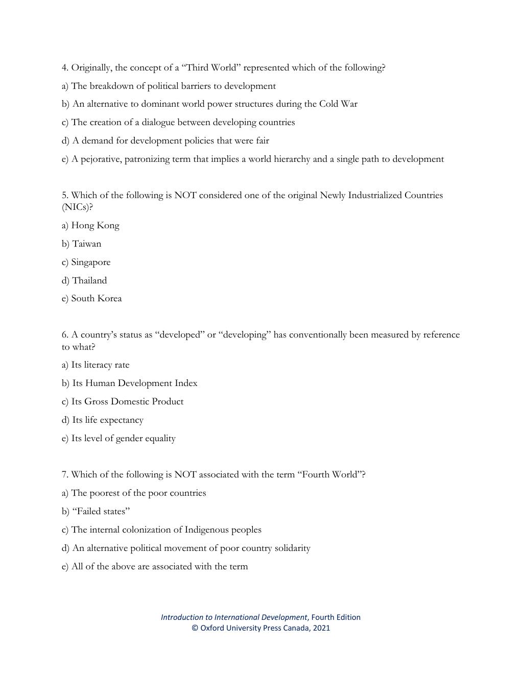 Preview page 2 of Test Bank Introduction to International Development 4th Edition Haslam