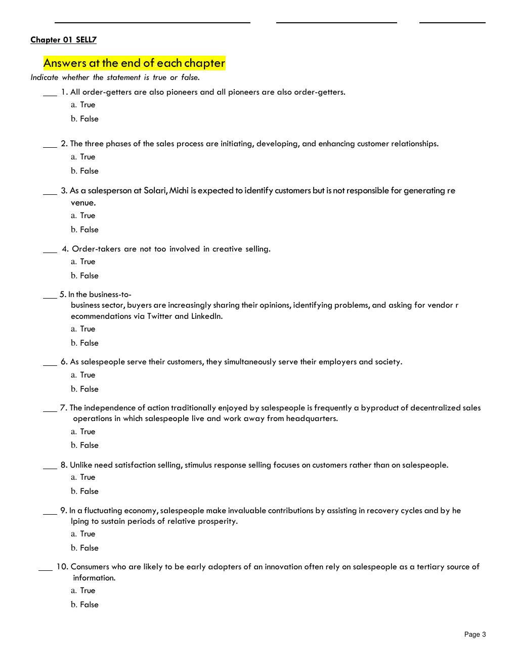 Preview page 3 of TEST BANK SELL, 7th Edition by Ingram, LaForge Chapters 1 – 10