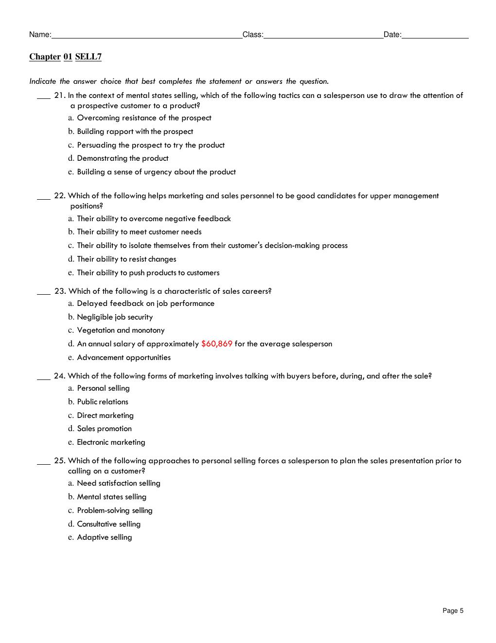 Preview page 5 of TEST BANK SELL, 7th Edition by Ingram, LaForge Chapters 1 – 10