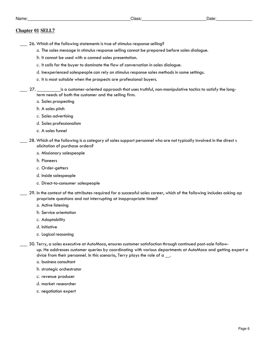 Preview page 6 of TEST BANK SELL, 7th Edition by Ingram, LaForge Chapters 1 – 10