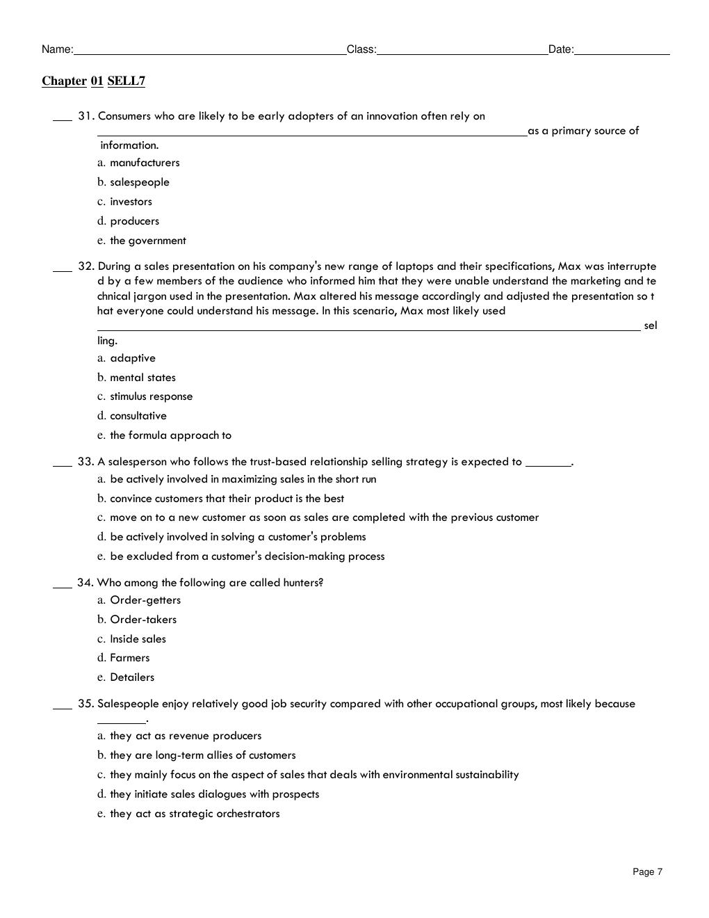 Preview page 7 of TEST BANK SELL, 7th Edition by Ingram, LaForge Chapters 1 – 10