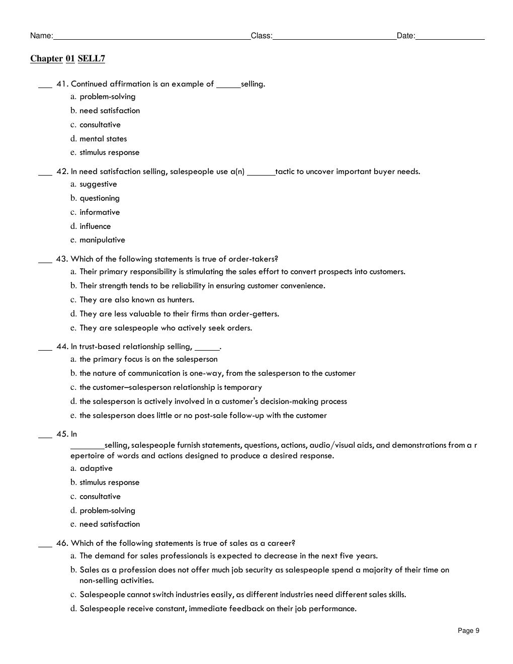 Preview page 9 of TEST BANK SELL, 7th Edition by Ingram, LaForge Chapters 1 – 10