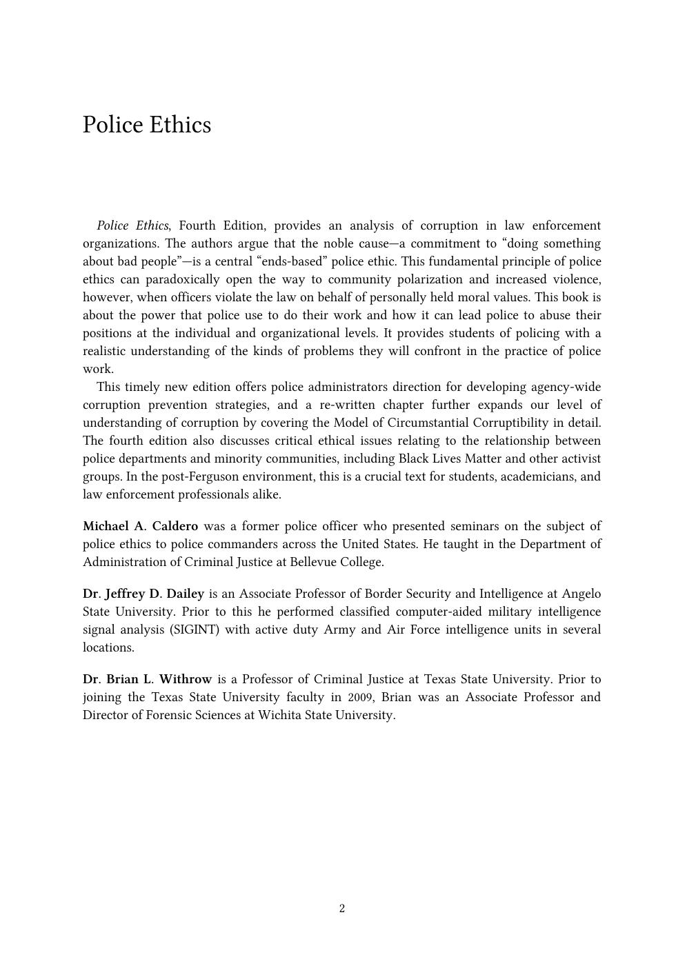 Preview page 2 of Police Ethics 4th Edition By MICHAEL A. CALDERO, JEFFREY D. DAILEY, BRIAN L. WITHROW