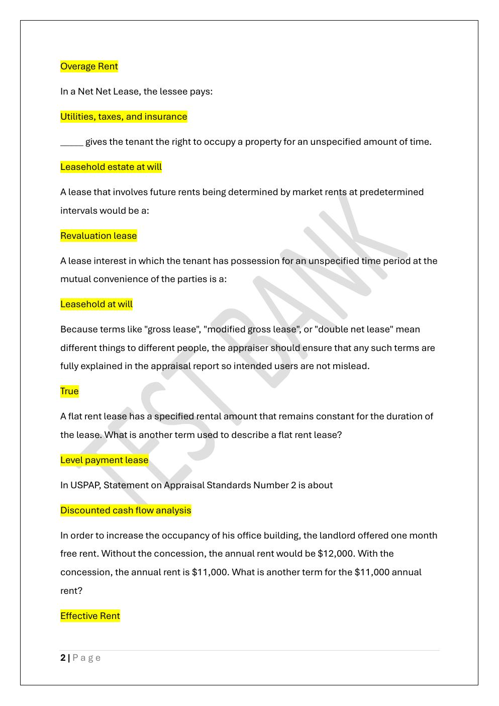 Preview page 2 of GENERAL APPRAISER INCOME APPROACH  FINAL TEST BANK 3 EXAM