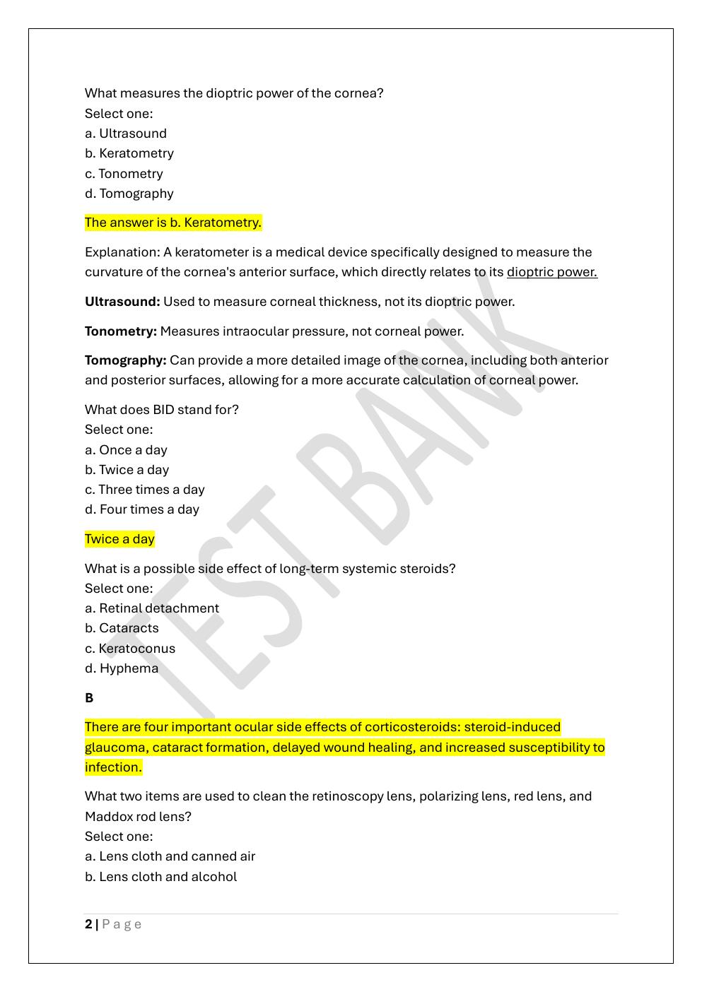 Preview page 2 of COA -CERTIFIED OPHTHALMIC ASSISTANT  TEST BANK 2 EXAM REVIEW