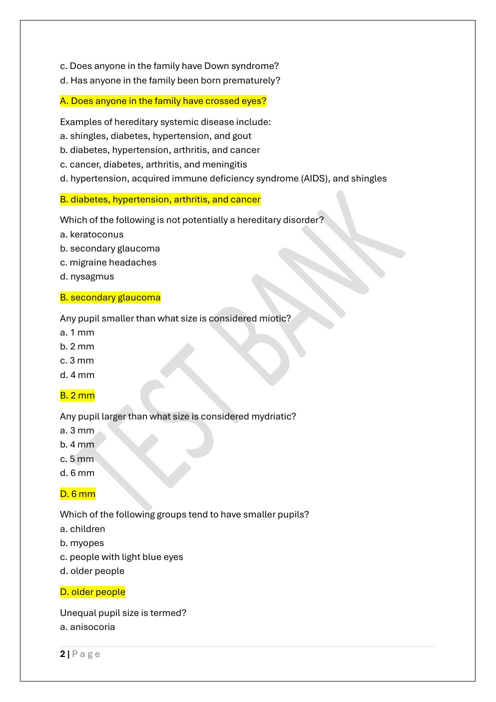 Preview page 2 of COA -CERTIFIED OPHTHALMIC ASSISTANT  PREP TEST BANK 1 EXAM