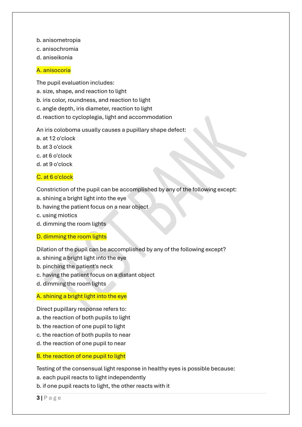 Preview page 3 of COA -CERTIFIED OPHTHALMIC ASSISTANT  PREP TEST BANK 1 EXAM