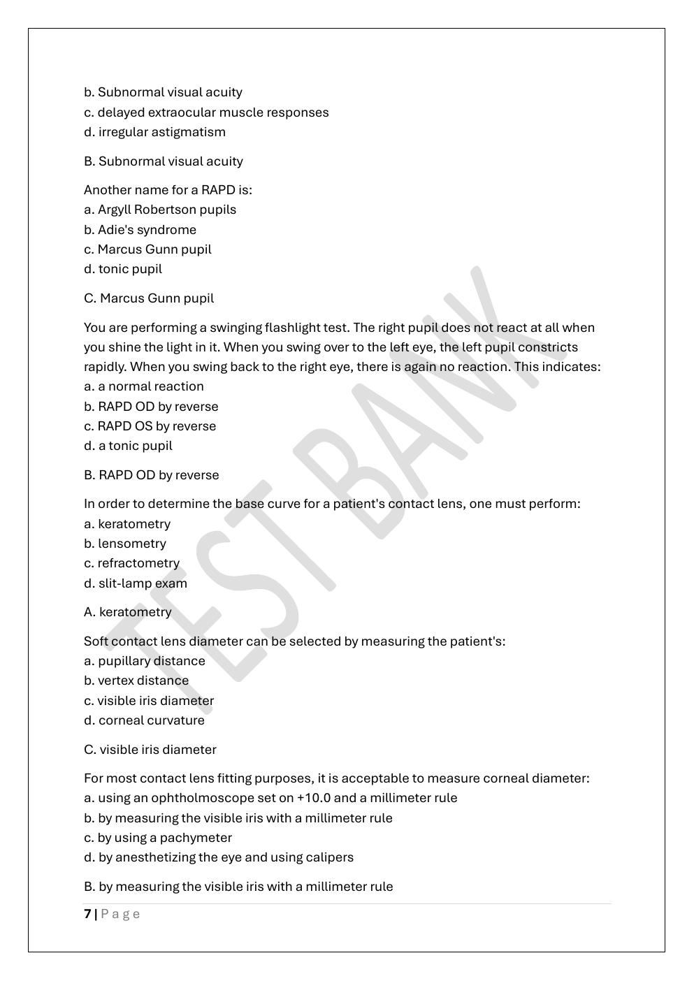 Preview page 7 of COA -CERTIFIED OPHTHALMIC ASSISTANT  PREP TEST BANK 1 EXAM