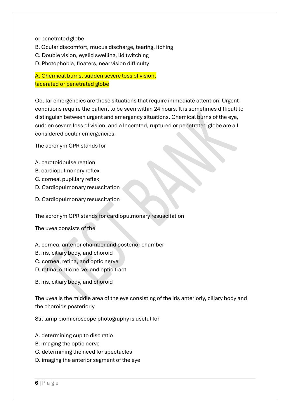 Preview page 6 of COA -CERTIFIED OPHTHALMIC ASSISTANT  PREP TEST BANK 3 EXAM
