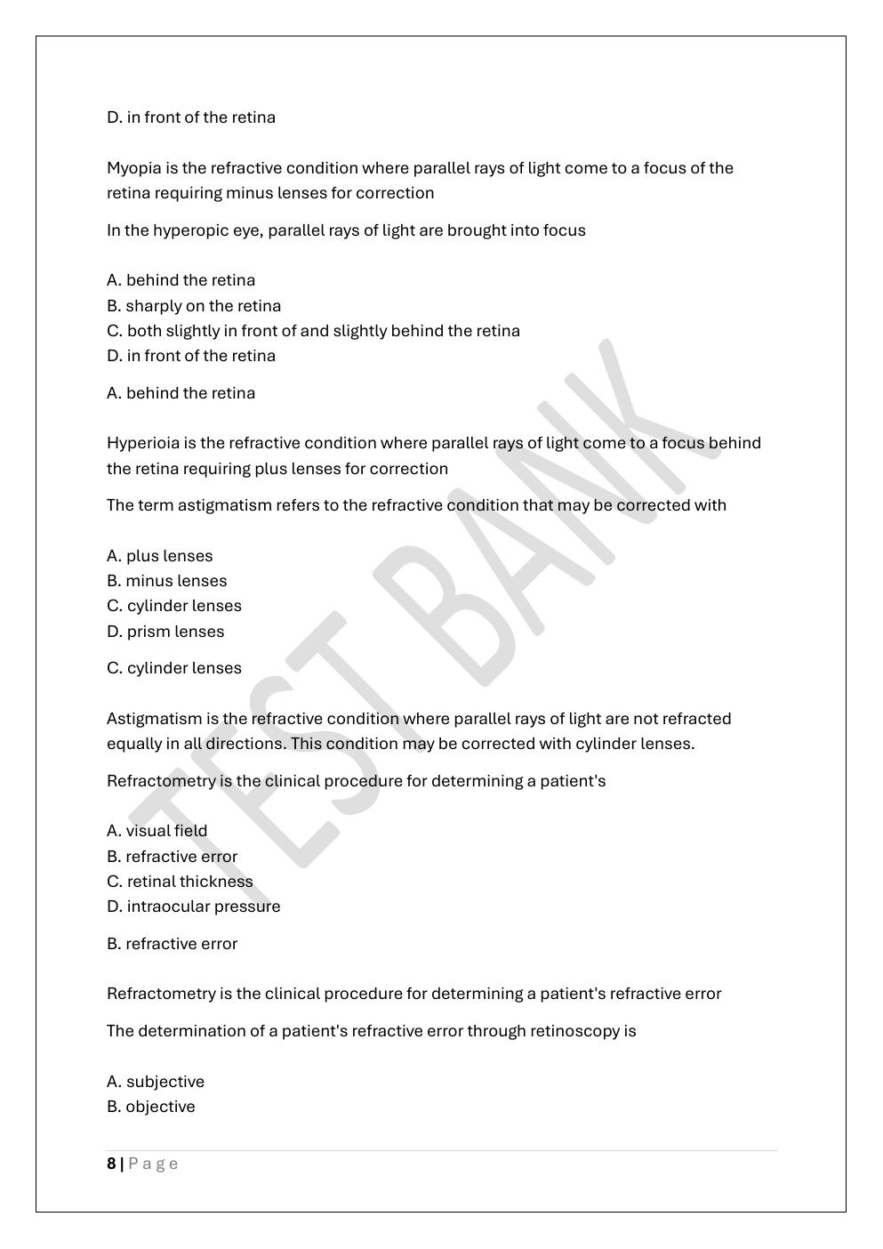 Preview page 8 of COA -CERTIFIED OPHTHALMIC ASSISTANT  PREP TEST BANK 3 EXAM