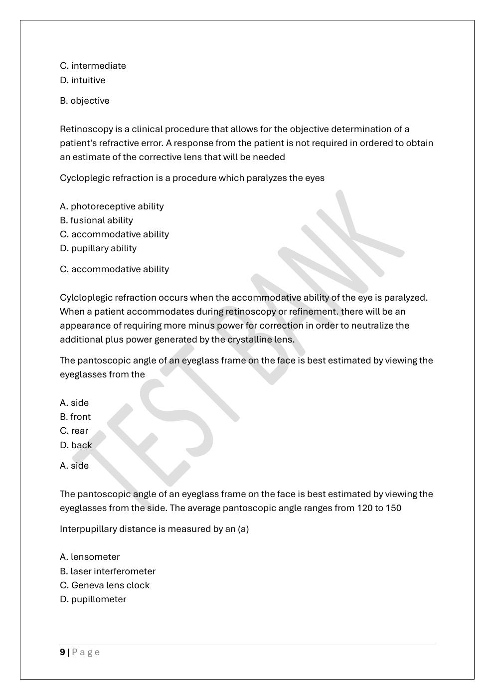 Preview page 9 of COA -CERTIFIED OPHTHALMIC ASSISTANT  PREP TEST BANK 3 EXAM