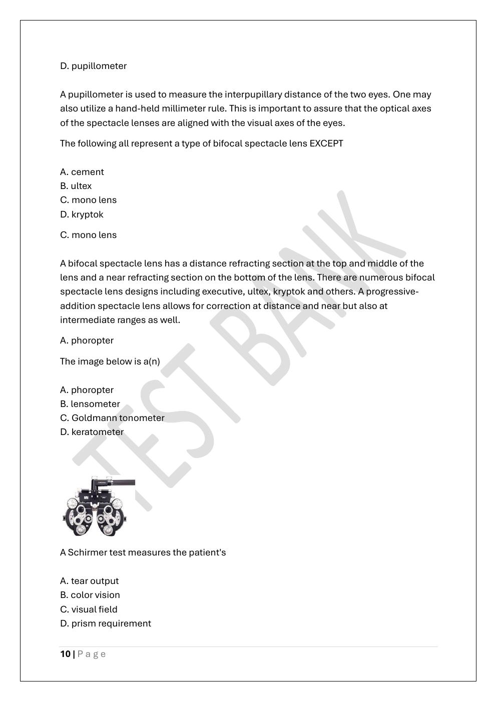 Preview page 10 of COA -CERTIFIED OPHTHALMIC ASSISTANT  PREP TEST BANK 3 EXAM