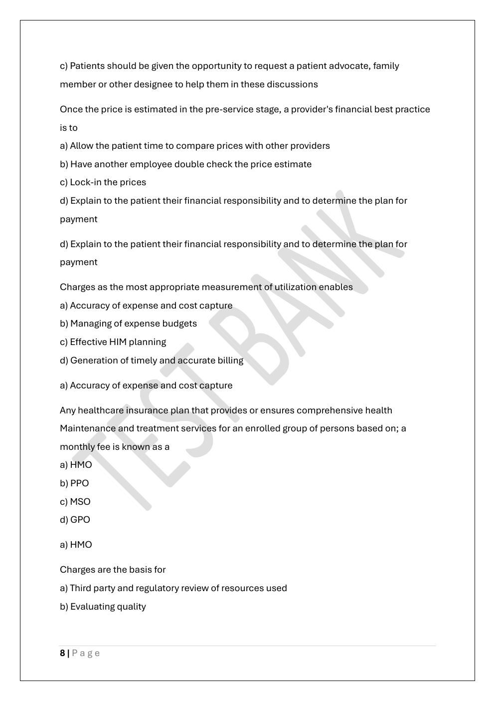 Preview page 8 of CERTIFIED REVENUE CYCLE  REPRESENTATIVE CRCR CERTIFICATE EXAM  TEST BANK