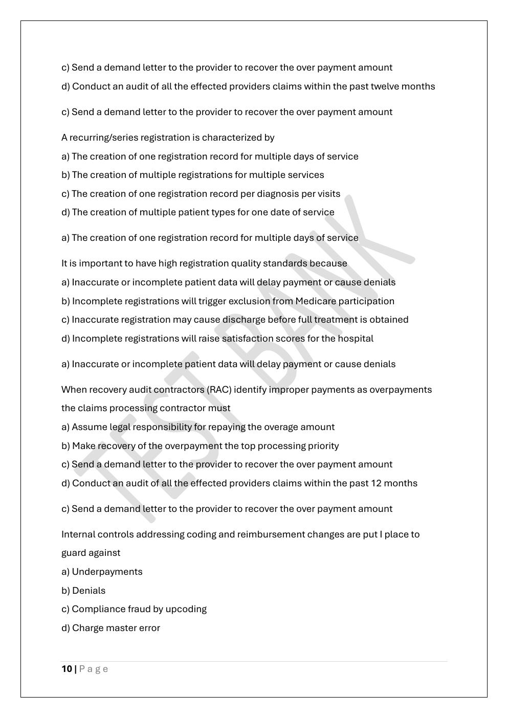 Preview page 10 of CERTIFIED REVENUE CYCLE  REPRESENTATIVE CRCR CERTIFICATE EXAM  TEST BANK