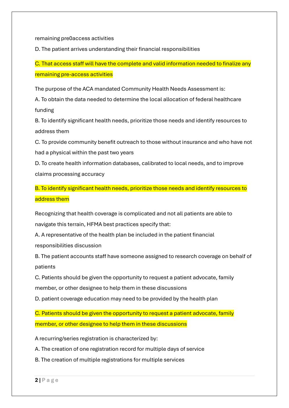 Preview page 2 of CRCR (CERTIFIED REVENUE CYCLE  REPRESENTATIVE) PRACTICE EXAM PREP