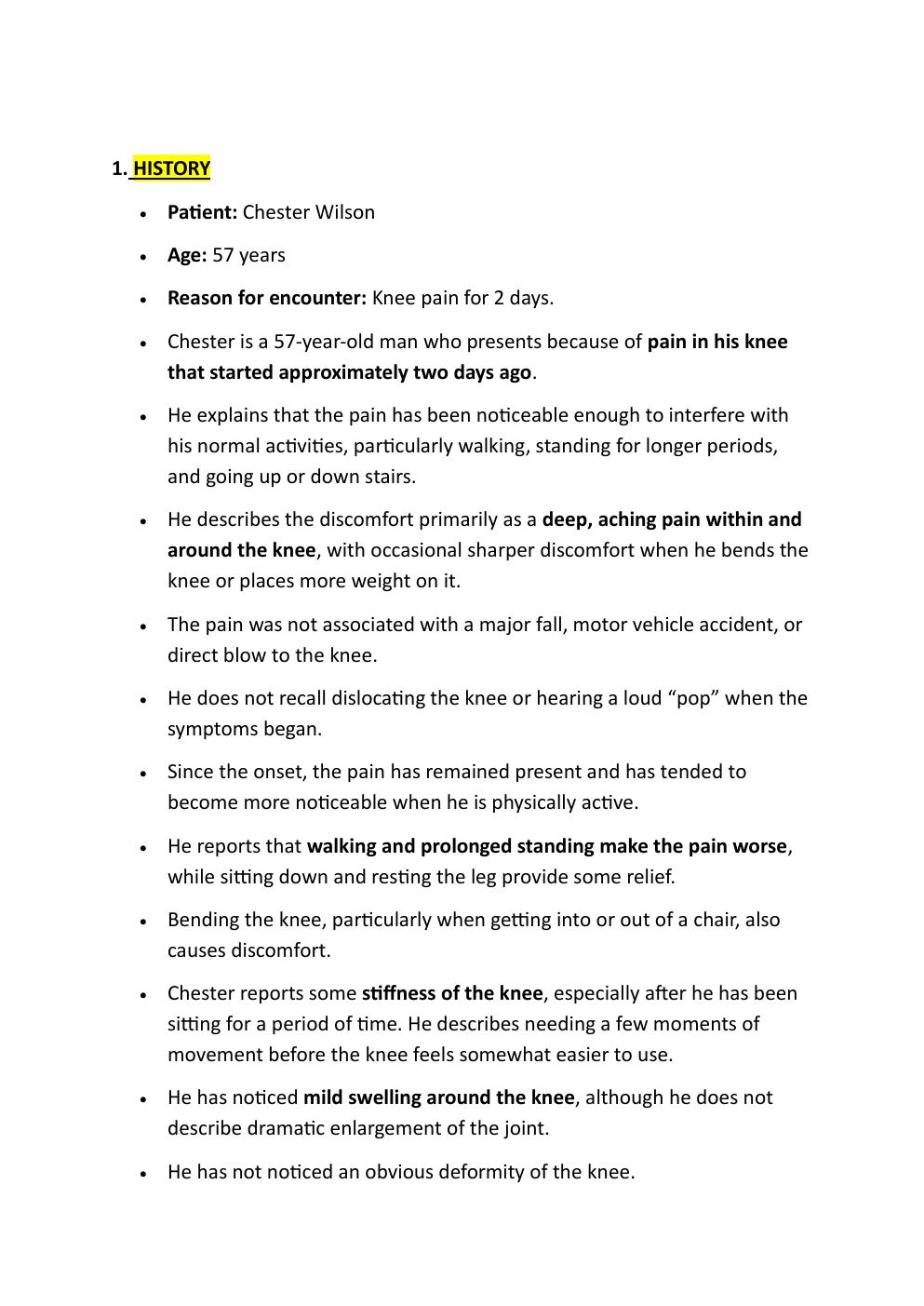 Preview page 2 of COMPREHENSIVE I-HUMAN CASE  STUDY. 57-YEAR-OLD CHESTER  WILSON. REASON FOR ENCOUNTER:  ACUTE LEFT KNEE PAIN FOR 2 DAYS.