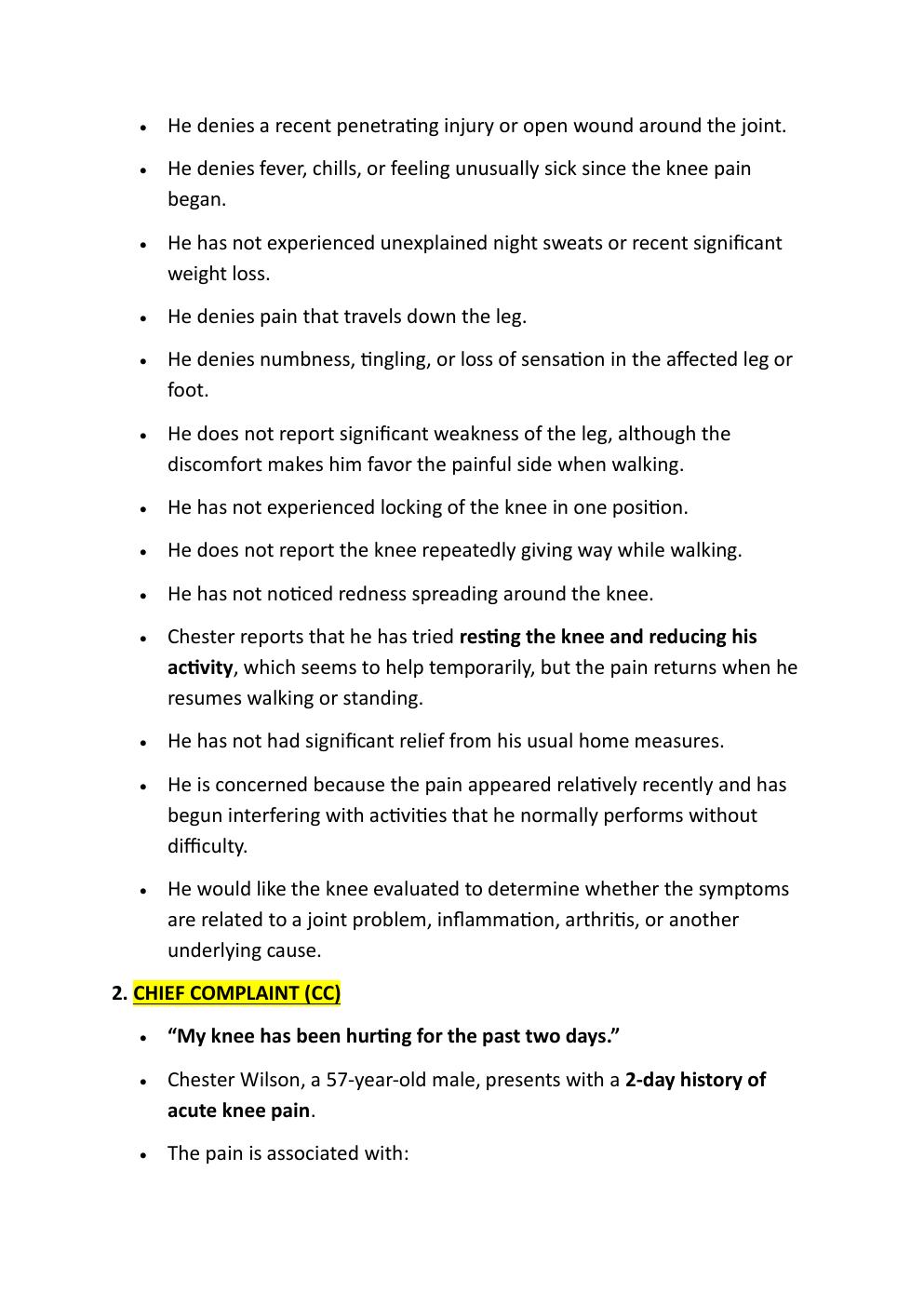 Preview page 3 of COMPREHENSIVE I-HUMAN CASE  STUDY. 57-YEAR-OLD CHESTER  WILSON. REASON FOR ENCOUNTER:  ACUTE LEFT KNEE PAIN FOR 2 DAYS.