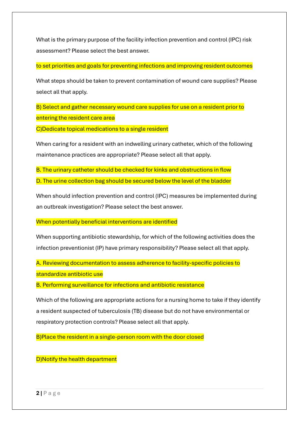 Preview page 2 of CDC INFECTION PREVENTIONIST POST TEST  EXAM