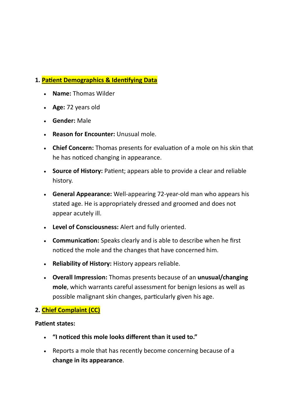 Preview page 2 of I-Human Comprehensive Case  Study. 72-Year-Old Thomas Wilder.  Reason For Encounter: Unusual  Mole.   With A Soap Note.