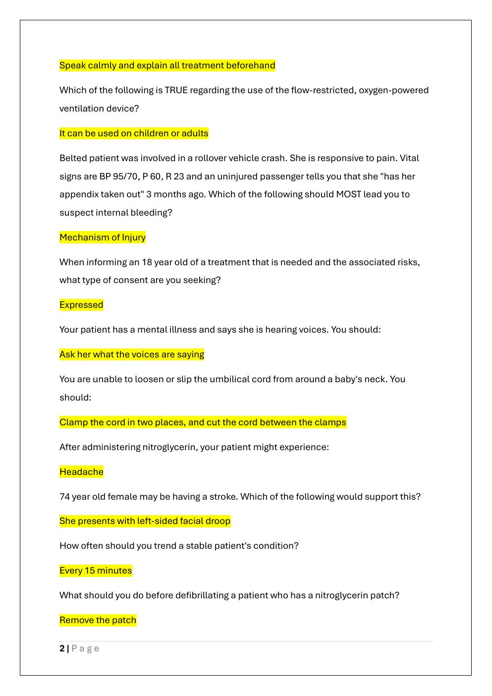 Preview page 2 of EMT (EMERGENCY MEDICAL TECHNICAL)  FINAL EXAM PREP