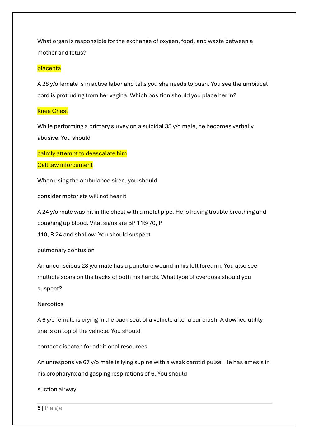 Preview page 5 of EMT (EMERGENCY MEDICAL TECHNICAL)  EXAM 4 READINESS PREP