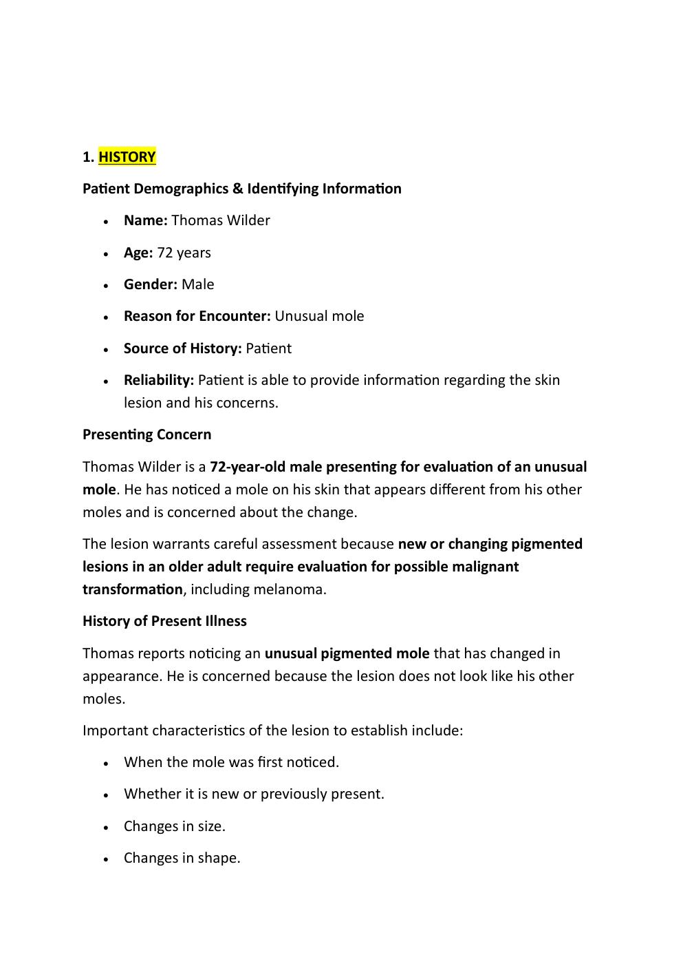 Preview page 2 of THOMAS WILDER 72-YEAR-OLD  IHUMAN COMPREHENSIVE CASE  STUDY. REASON FOR  ENCOUNTER: UNUSUAL MOLE.   EXAM STUDY GUIDE. GR