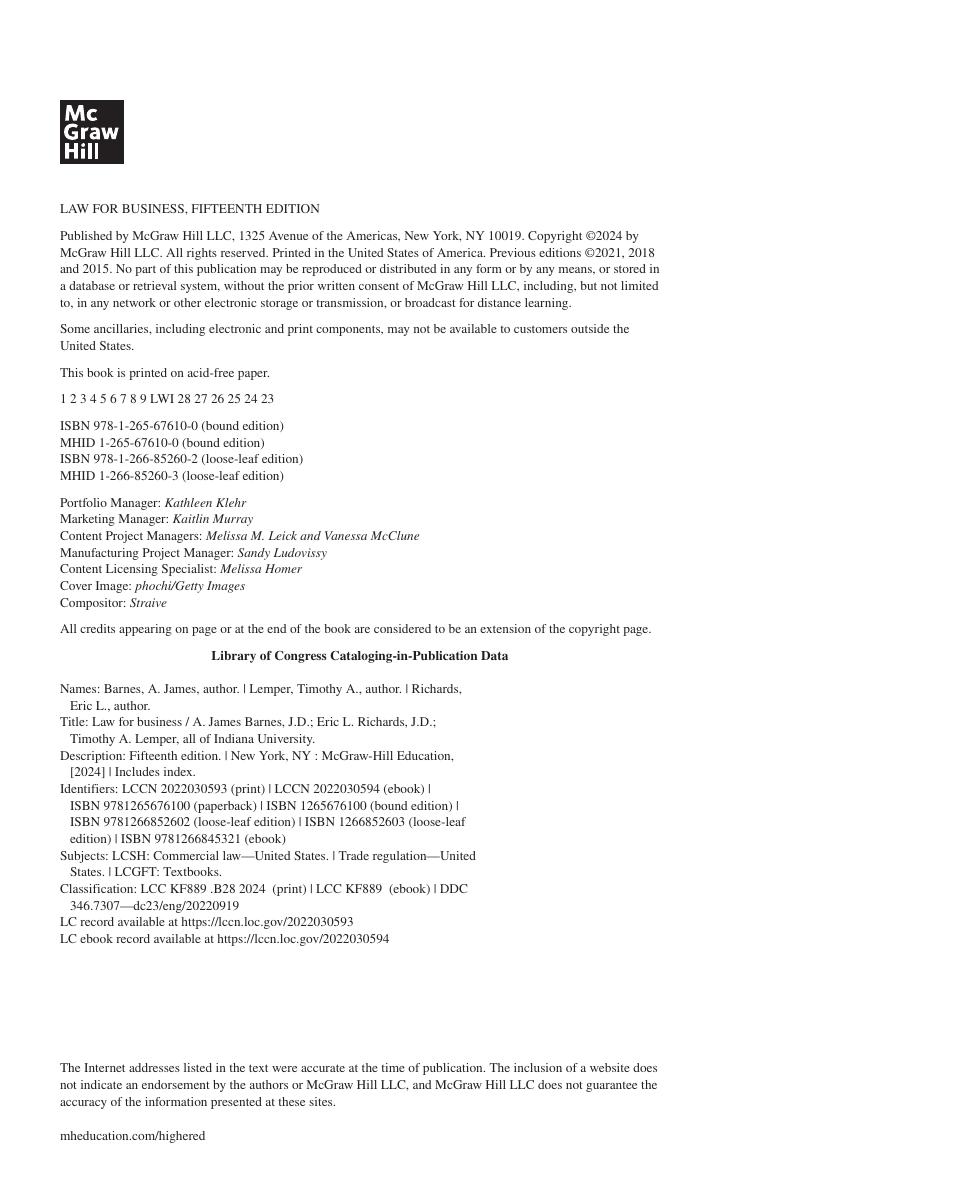Preview page 3 of Law for Business 15th Edition James Barnes, Tim Lemper, Eric Richards
