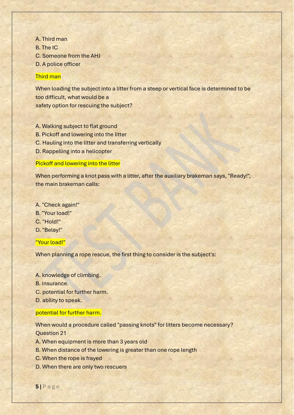 Preview page 5 of ROPE RESCUE TECHNICIAN 1 EXAM PREP  TEST BANK 1-a