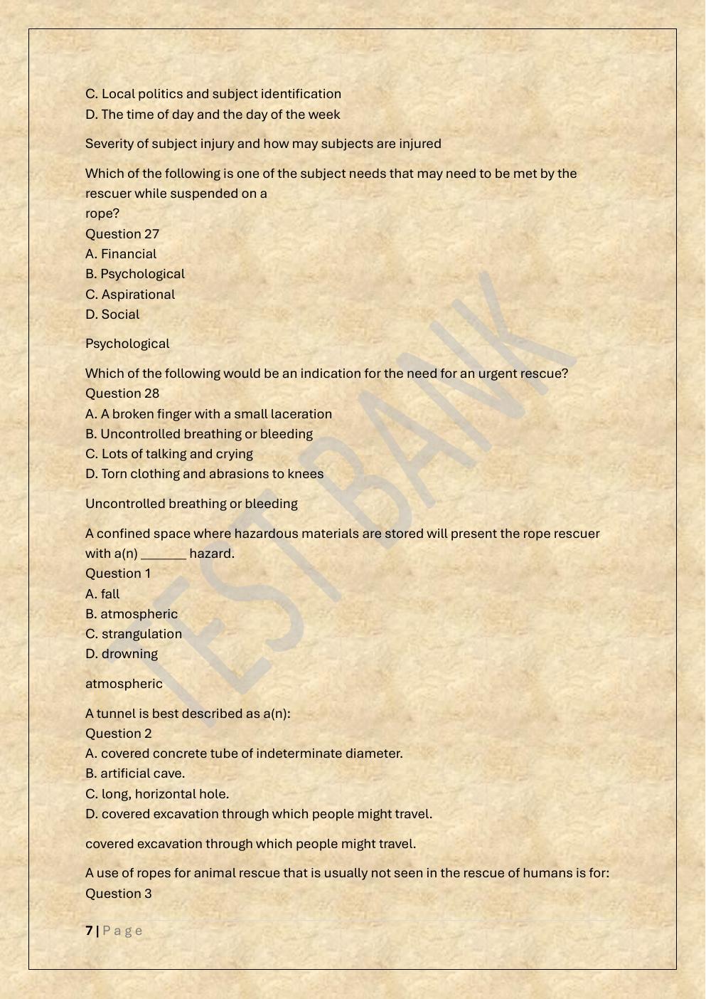 Preview page 7 of ROPE RESCUE TECHNICIAN 1 EXAM PREP  TEST BANK 1-a