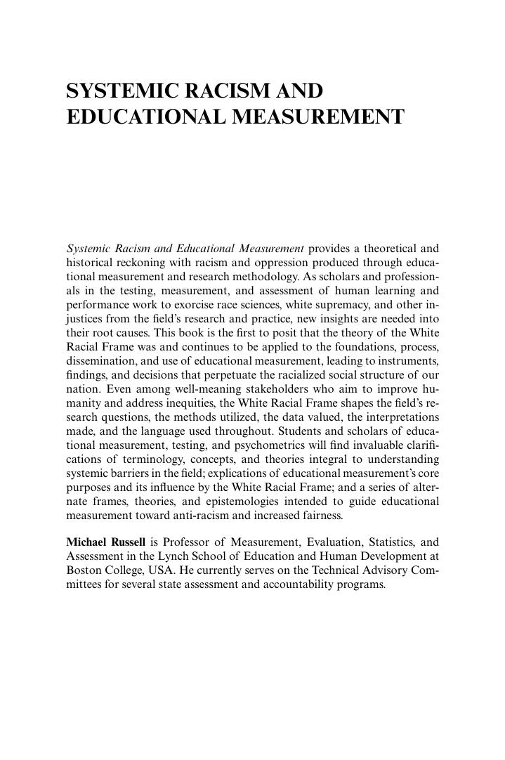 Preview page 2 of Systemic Racism and Educational Measurement Confronting Injustice in Testing, Assessment, and Beyond 1st Edition By Mich