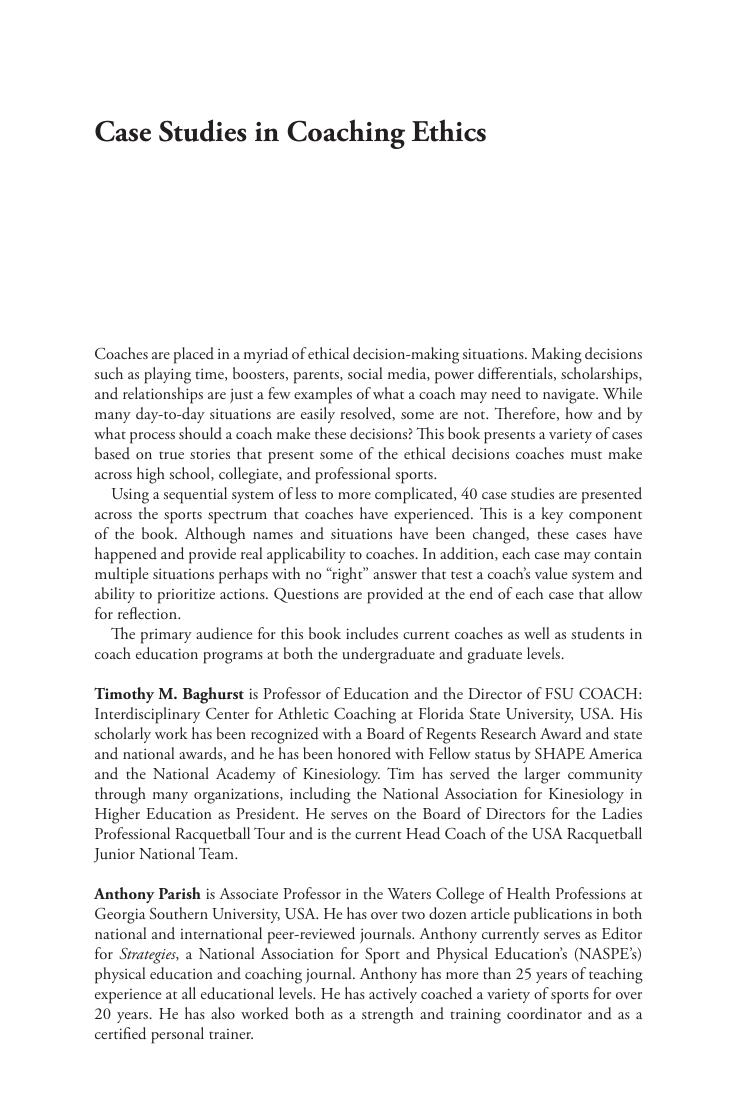 Preview page 2 of Case Studies in Coaching Ethics 2nd Edition By Timothy M. Baghurst, Anthony Parish