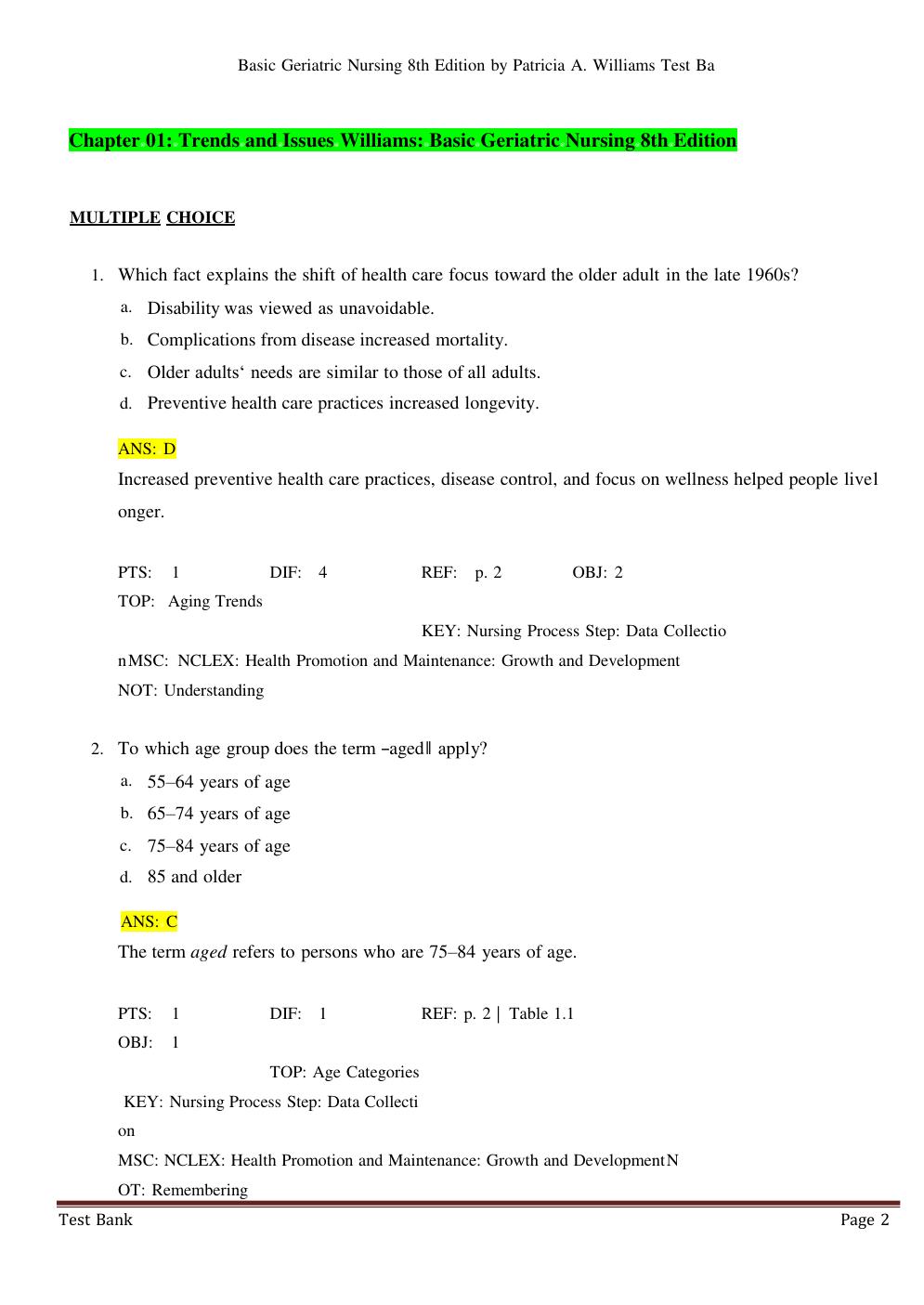Preview page 2 of Test Bank For Basic Geriatric Nursing 8th Edition by Patricia A. Williams