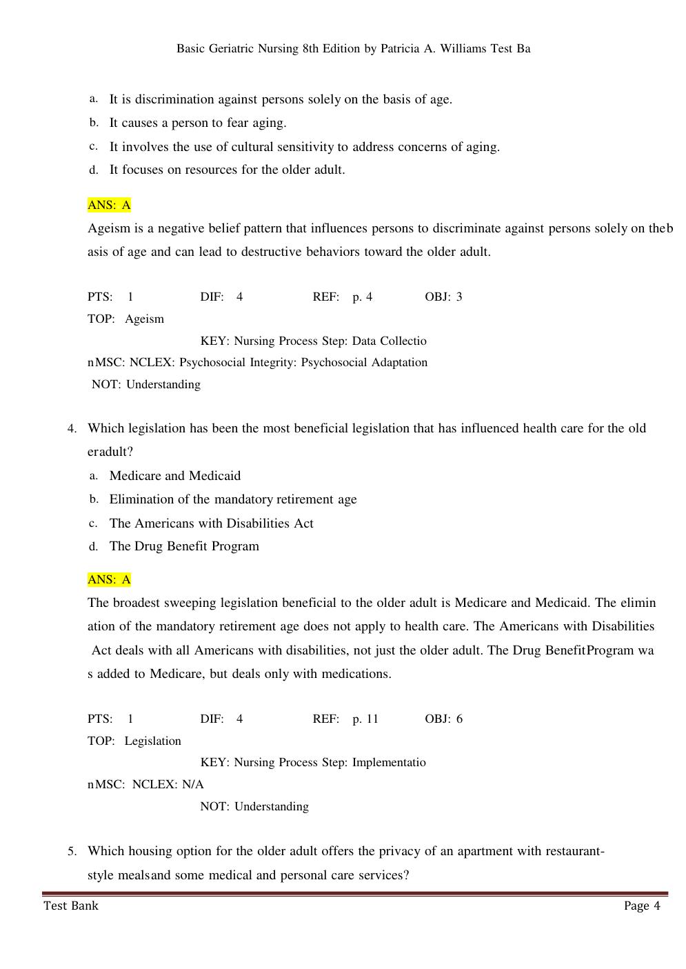 Preview page 4 of Test Bank For Basic Geriatric Nursing 8th Edition by Patricia A. Williams