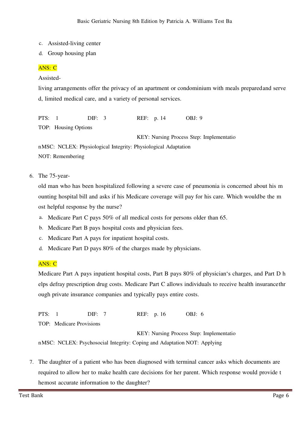 Preview page 6 of Test Bank For Basic Geriatric Nursing 8th Edition by Patricia A. Williams