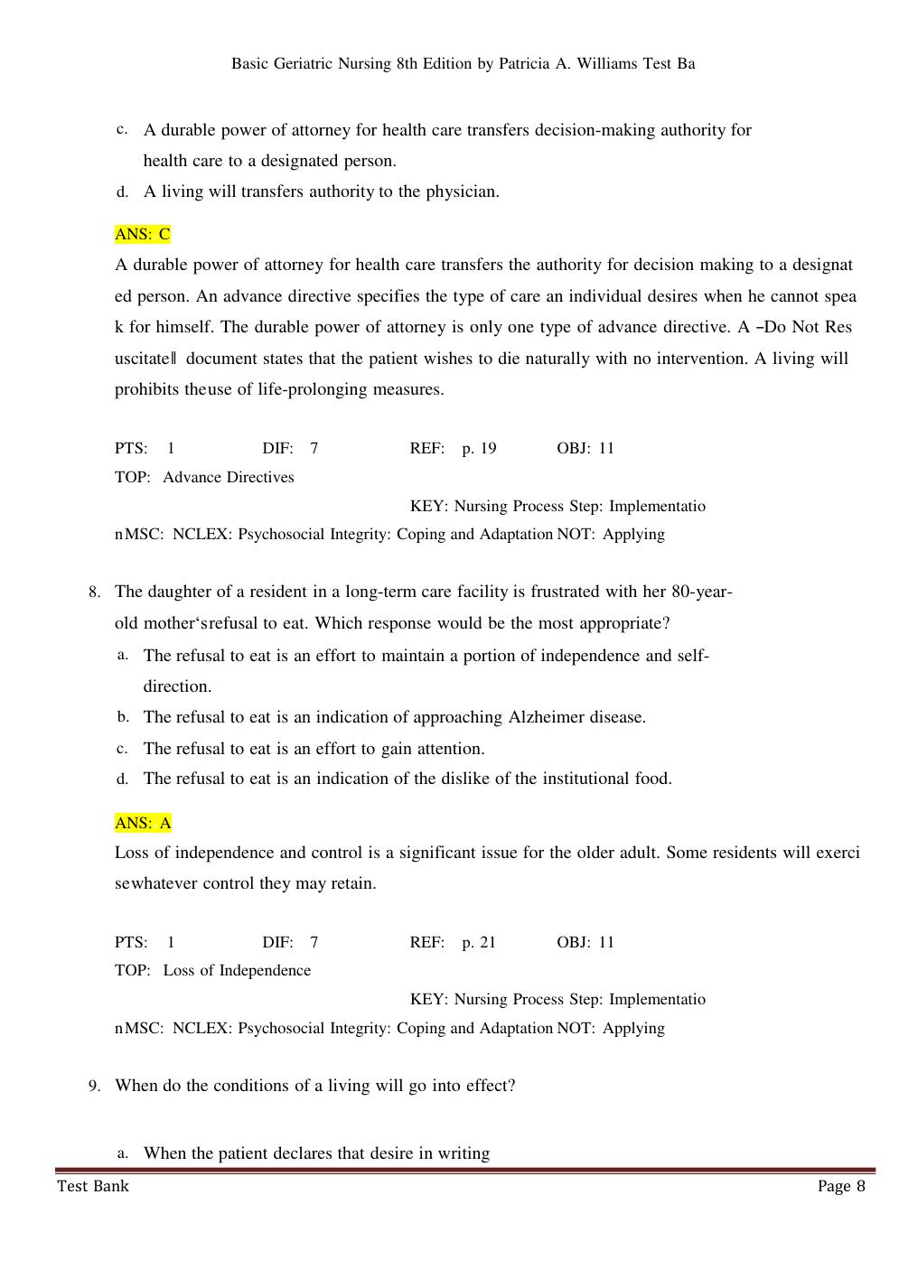 Preview page 8 of Test Bank For Basic Geriatric Nursing 8th Edition by Patricia A. Williams