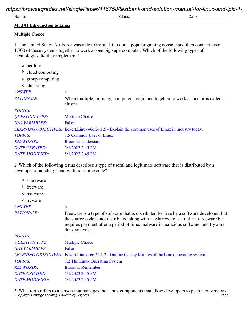 Preview page 2 of Test Bank & Solution Manual for Linux and Lpic - 1 Guide to Linux Certification 6th Edition By Jason Eckert Stamped